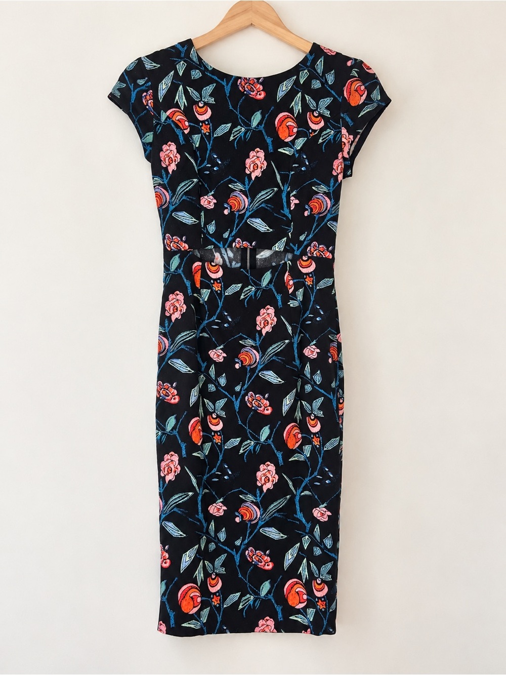 SUNO Black Floral Silk Cutout Midi Sheath Dress Size 0